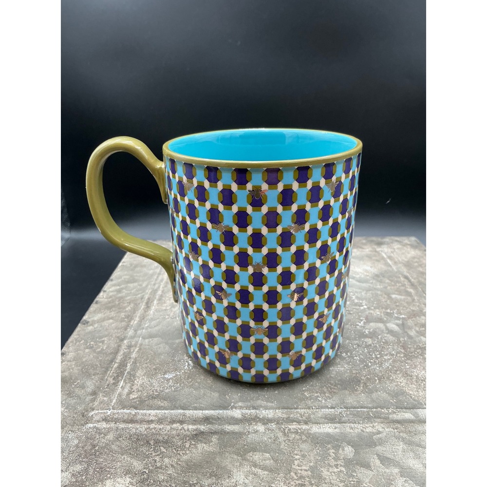 Anthropologie Monogram Letter A Bee Geometric Coffee Mug Blue Orange Turquoise - Picture 2 of 6